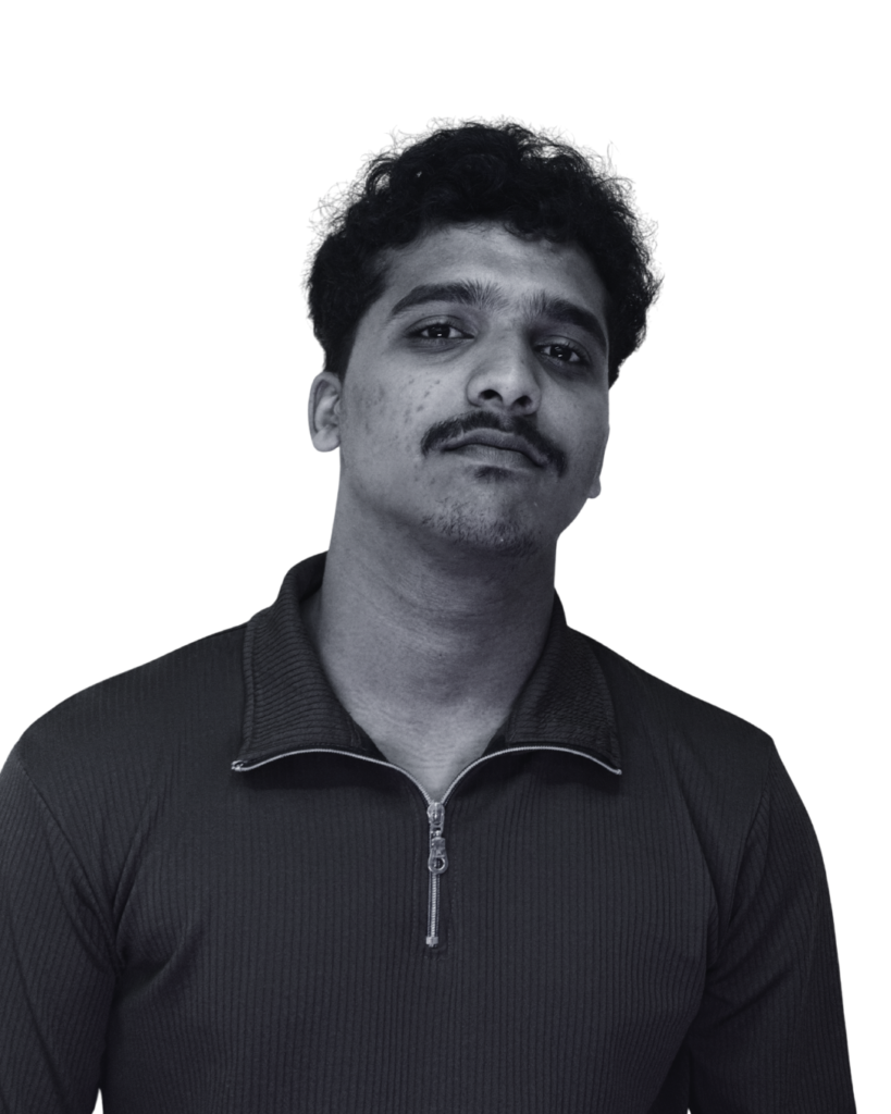 black and white portrait of a young digital marketer wearing a dark zip collar shirt ,looking confidently at the camera this profile image means the best digital marketer in Thrissur ,highlighting a modern and professional personal brand